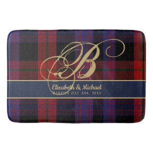 Monogram BROWN Tartan Blue Red Newlyweds Wedding Bath Mat