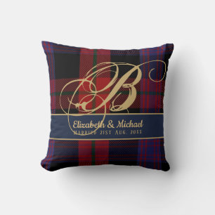 Monogram BROWN Tartan Blue Red Newlyweds Wedding Cushion