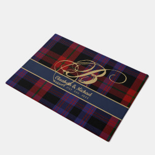 Monogram BROWN Tartan Blue Red Newlyweds Wedding Doormat