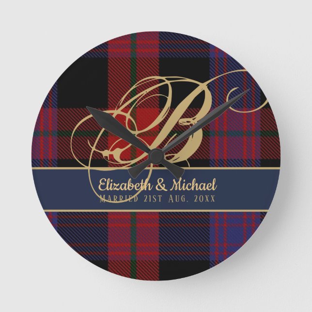 Monogram BROWN Tartan Blue Red Newlyweds Wedding Round Clock (Front)