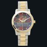 Monogram BROWN Tartan Blue Red Newlyweds Wedding Watch<br><div class="desc">Elegant wedding gift for the new Mr and Mrs featuring a Borwn surnameTartan in colours blue and red with gold calligraphy lettering and wording. Add the newlyweds surname monogram,  wedding date and first names to create a unique commemorative gift.</div>