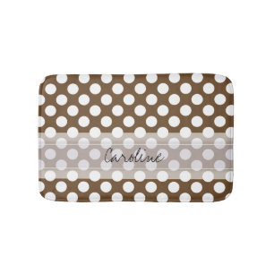Monogram Brown White Trendy Fun Polka Dot Pattern Bath Mat