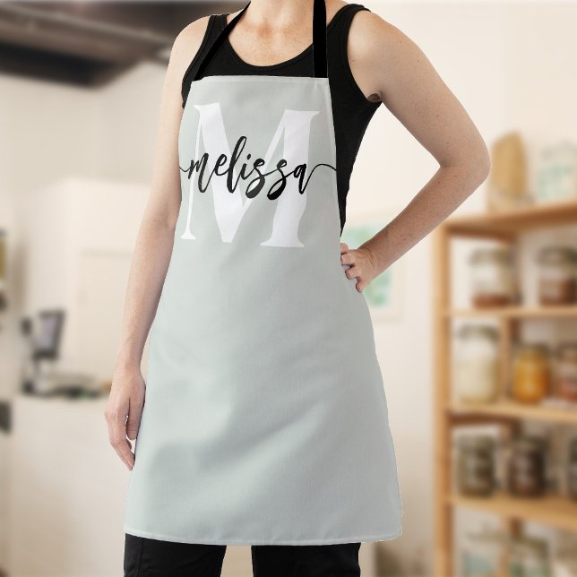 Monogram Brush Calligraphy Sage Green Apron (Creator Uploaded)
