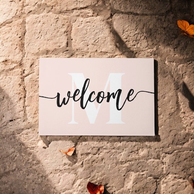 Monogram Brush Script Welcome Blush Pink Doormat (Creator Uploaded)