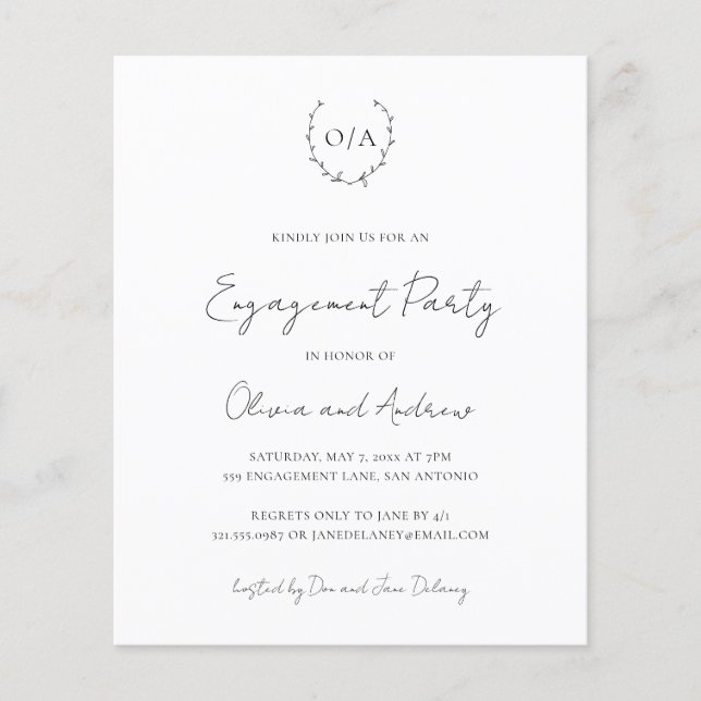 Monogram Budget Engagement Party Invitation (Front)