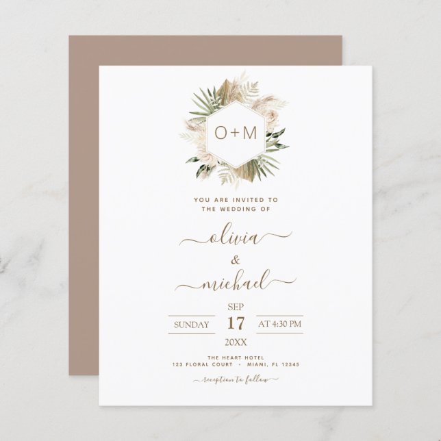 Monogram Budget Tropical Pampas Grass Wedding (Front/Back)