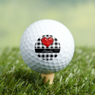Monogram Buffalo Plaid Black and white red heart Golf Balls