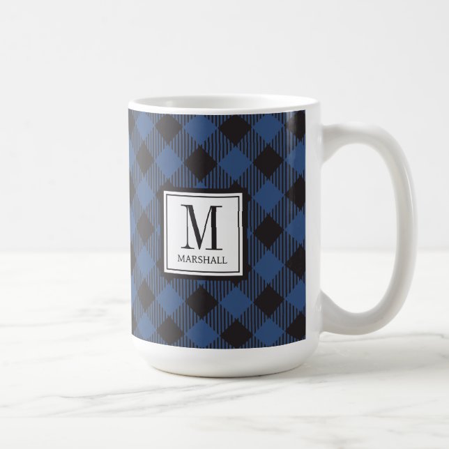 Monogram Buffalo Plaid Blue Name Coffee Mug (Right)