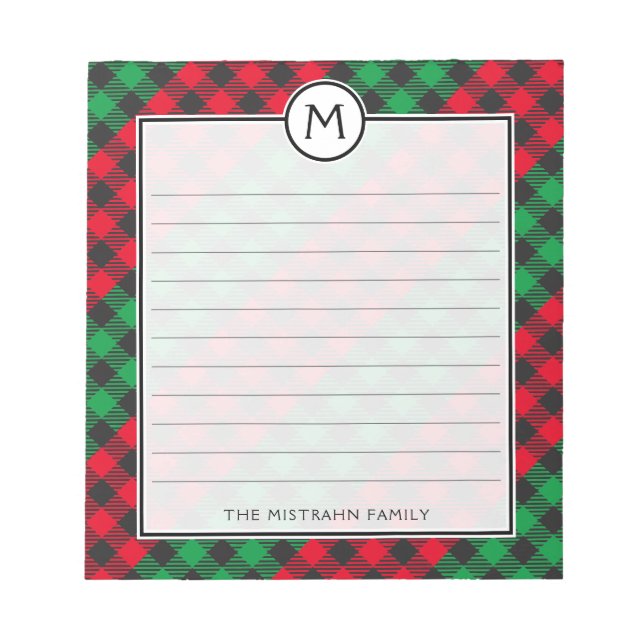 Monogram Buffalo Plaid Festive Christmas Notepad (Front)