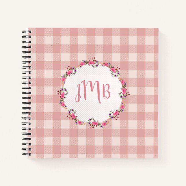 Monogram Buffalo Plaid | Pink Checks & Flowers Notebook (Front)