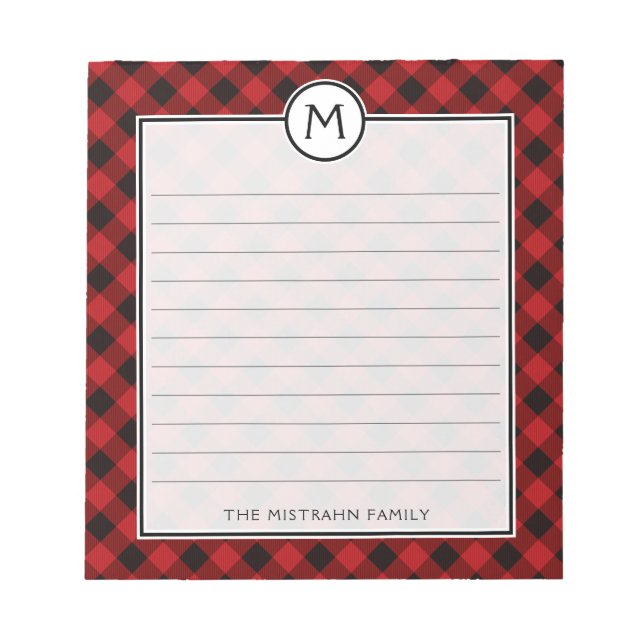 Monogram Buffalo Plaid Red and Black Christmas Notepad (Front)