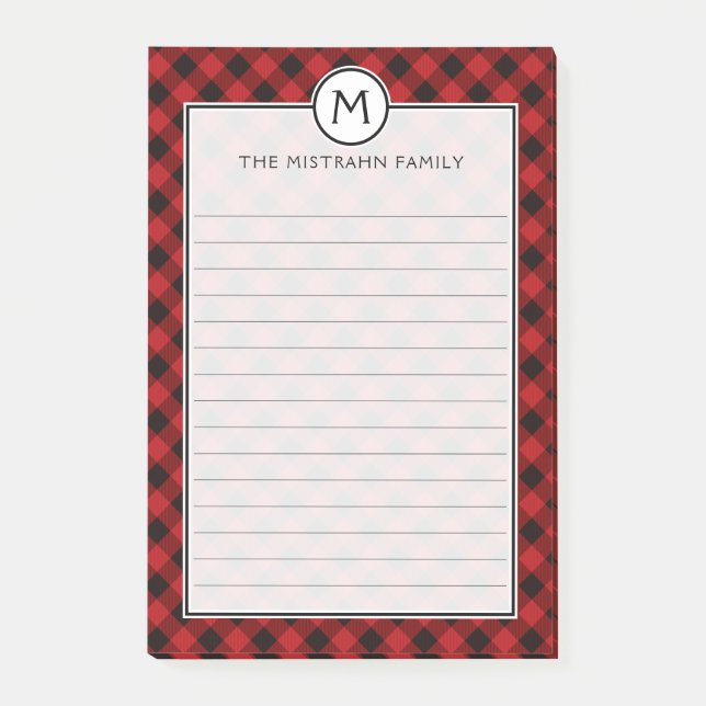 Monogram Buffalo Plaid Red Black Christmas List Post-it Notes (Front)