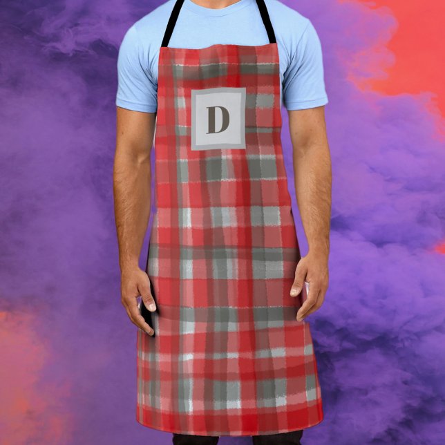 Monogram buffalo plaid tartan red grey watercolor  apron (Creator Uploaded)