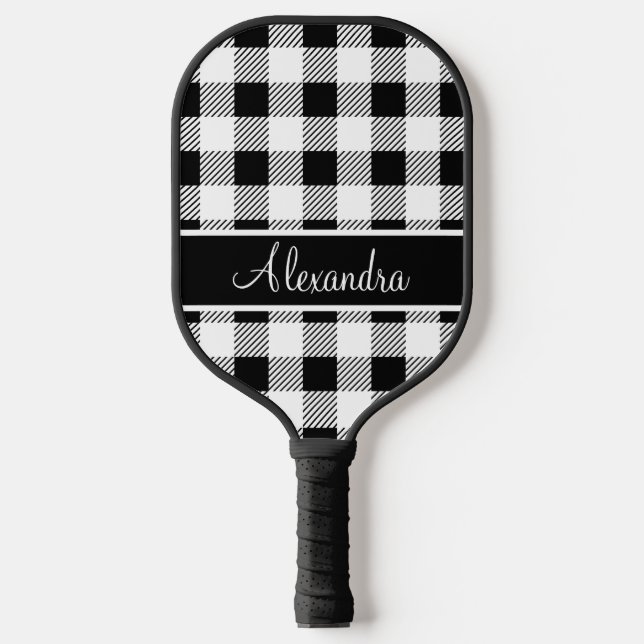 Monogram Buffalo Plaid White and Black Pickleball  Paddle (Front)