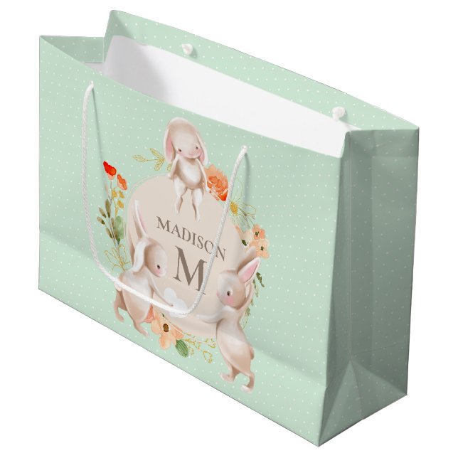 Monogram Bunny Rabbits Floral Baby Personalised Large Gift Bag (Front Angled)