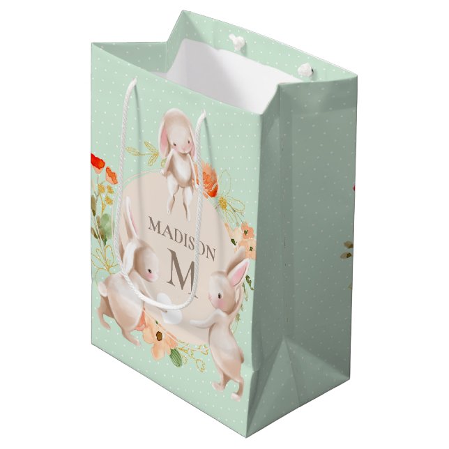 Monogram Bunny Rabbits Floral Baby Personalised Medium Gift Bag (Front Angled)