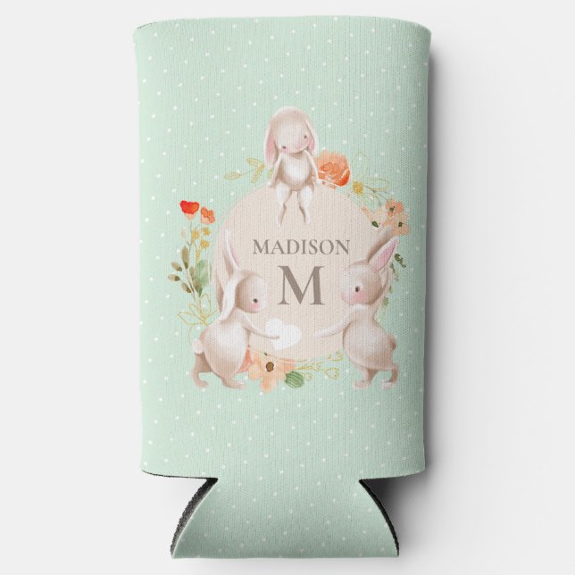 Monogram Bunny Rabbits Floral Easter Personalised Seltzer Can Cooler (Front)