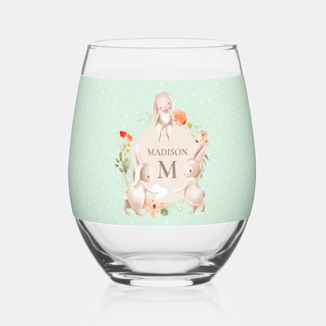 Monogram Bunny Rabbits Floral Easter Personalised Stemless Wine Glass (Front)