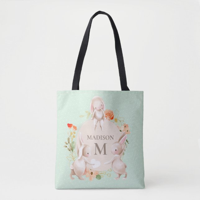 Monogram Bunny Rabbits Floral Easter Personalised Tote Bag (Front)