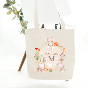 Monogram Bunny Rabbits Floral Easter Personalised Tote Bag