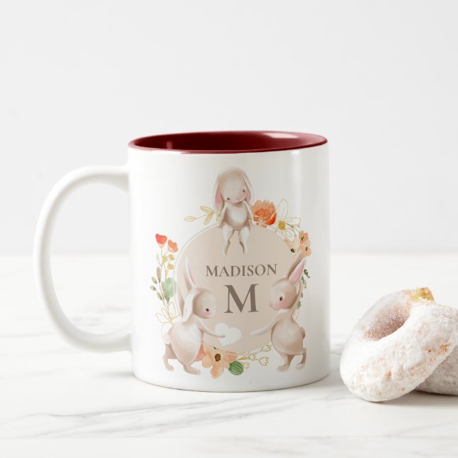 Monogram Bunny Rabbits Floral Easter Personalised Two-Tone Coffee Mug (With Donut)