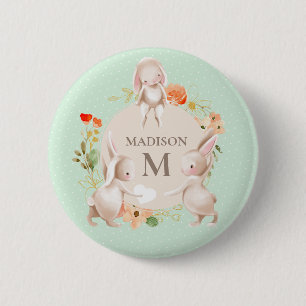 Monogram Bunny Rabbits Floral Girly Personalised 6 Cm Round Badge