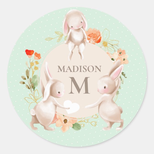 Monogram Bunny Rabbits Floral Girly Personalised Classic Round Sticker (Front)
