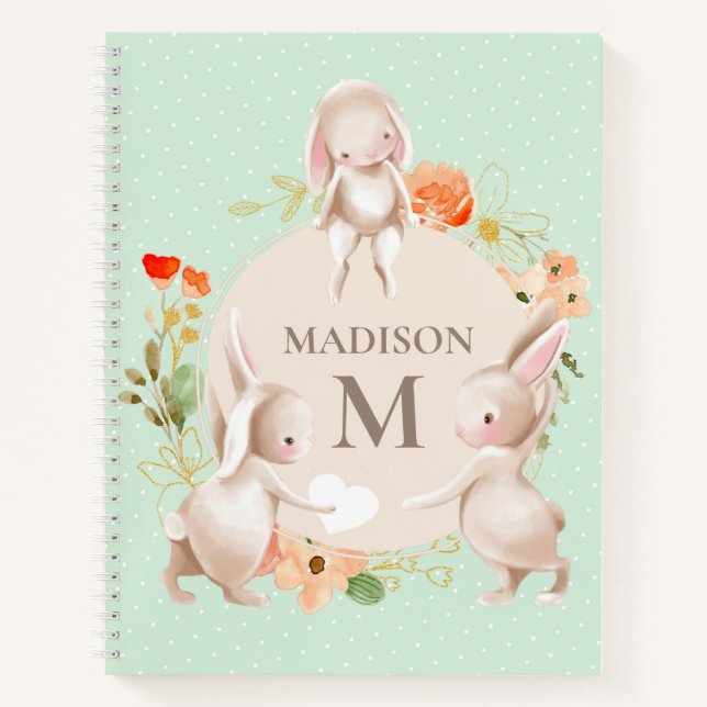 Monogram Bunny Rabbits Floral Girly Personalised Notebook (Front)