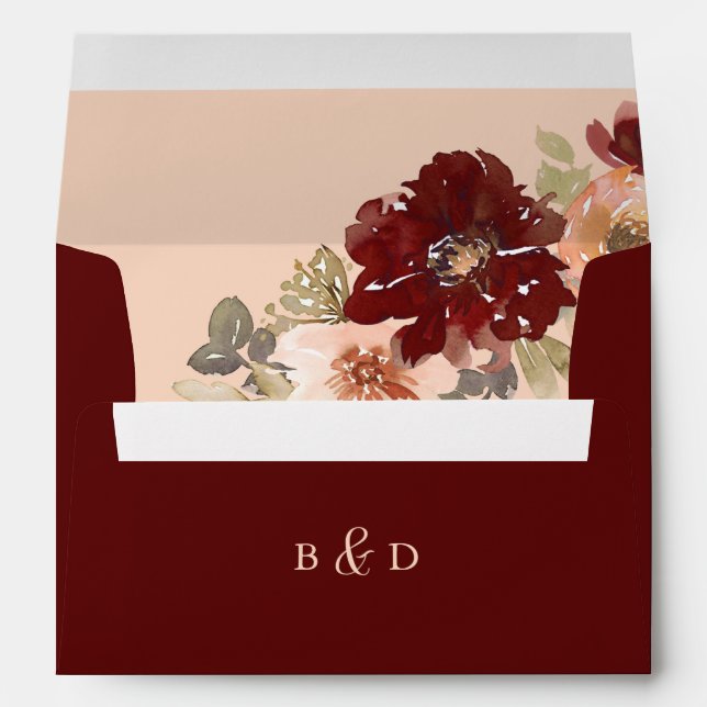 Monogram Burgundy and Peach Floral Return Address Envelope (Back (Bottom))