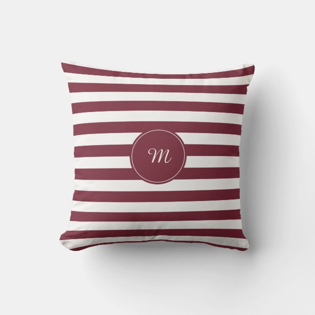 Monogram Burgundy and White Stripes Pattern Cushion (Front)