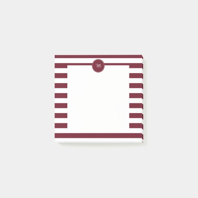Monogram Burgundy and White Stripes Pattern Post-it Notes (Front)