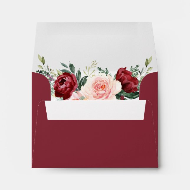 Monogram Burgundy Blush Floral Return Address RSVP Envelope (Back (Bottom))