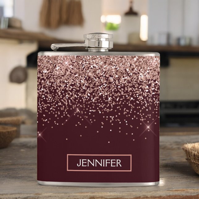 Monogram Burgundy Blush Pink Rose Gold Glitter Hip Flask (Creator Uploaded)
