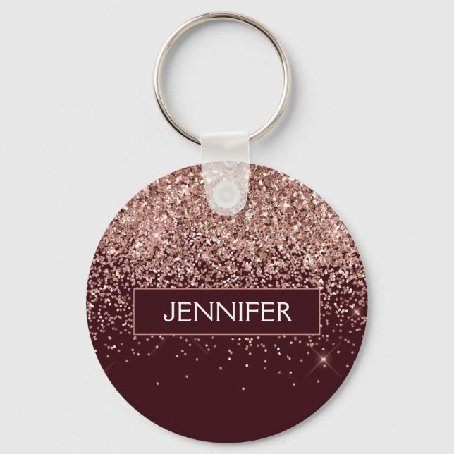 Monogram Burgundy Blush Pink Rose Gold Glitter Key Ring (Front)