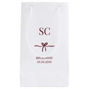 Monogram Burgundy Bow Bridesmaid Modern Name Date Small Gift Bag