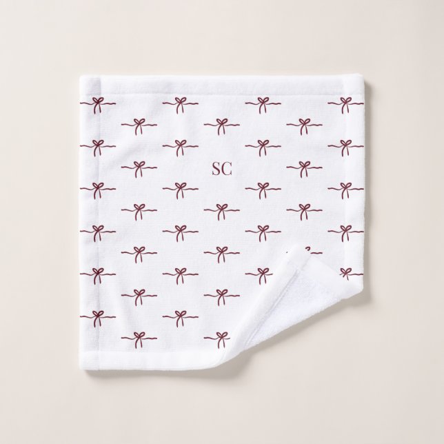 Monogram Burgundy Bow White Modern Face Wash Cloth (Wash Cloth)