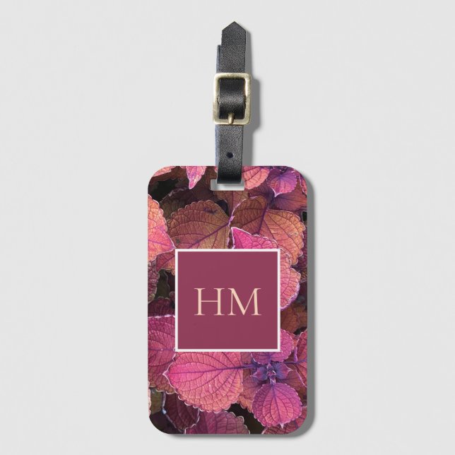Monogram Burgundy Cream Leaves Luggage Tag (Front Vertical)