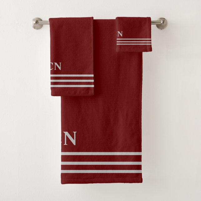Monogram Burgundy Dark Red Light Grey Striped Bath Towel Set (Insitu)