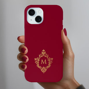 Monogram Burgundy Elegant Vintage Faux Gold Crest iPhone 15 Case