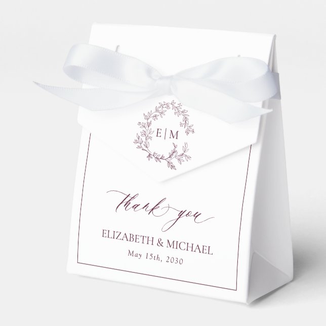 Monogram Burgundy Elegant Wedding Thank You Favour Box (Front Side)