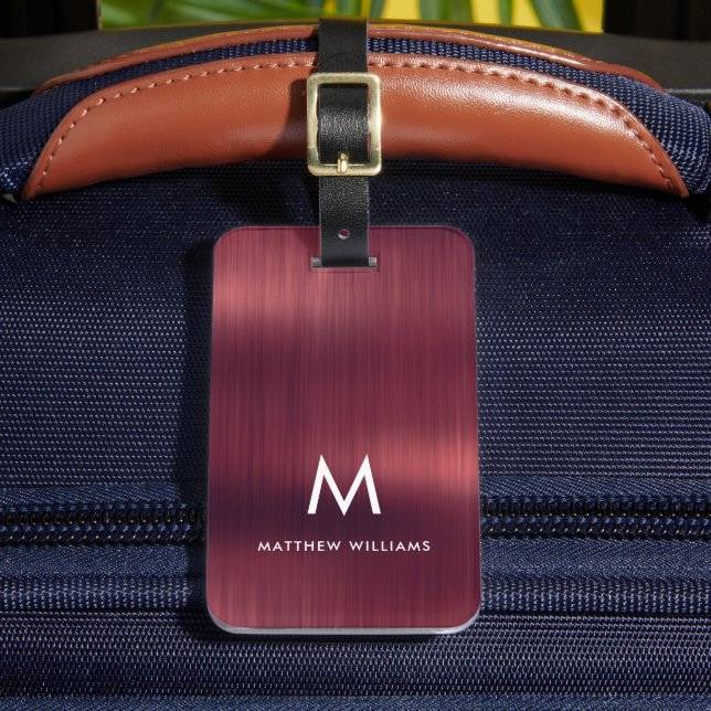 Monogram Burgundy Faux Brushed Metallic Steel Luggage Tag (Front Insitu 2)