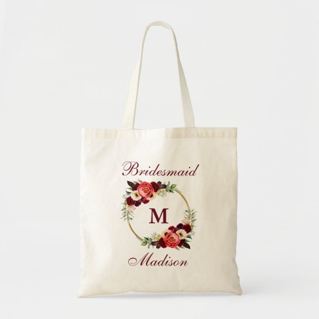 Monogram Burgundy Floral Gold Circle Bridesmaid Tote Bag (Front)