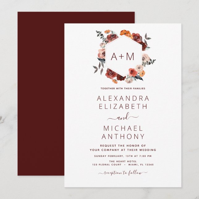 Monogram Burgundy Floral Greenery Wedding Invitation (Front/Back)