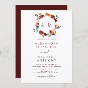 Monogram Burgundy Floral Greenery Wedding Invitation