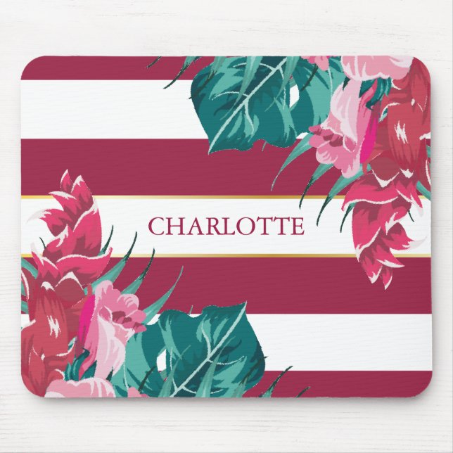 Monogram burgundy Floral striped Mouse Mat (Front)