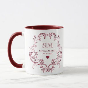 Monogram Burgundy Floral Wreath Wedding Mug