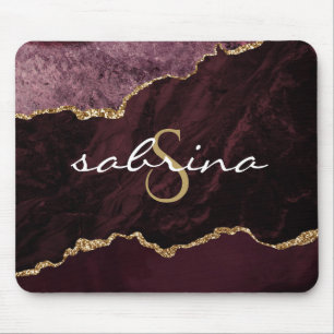 Monogram Burgundy Gold Agate Geode Mouse Mat