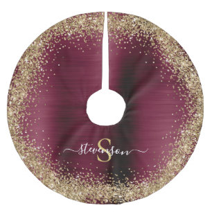 Monogram Burgundy Gold Glitter Girly Glam Brushed Polyester Tree Skirt