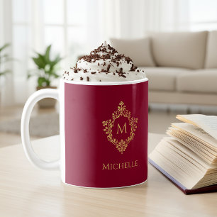 Monogram Burgundy Gold Vintage Ornate Crest Name  Coffee Mug