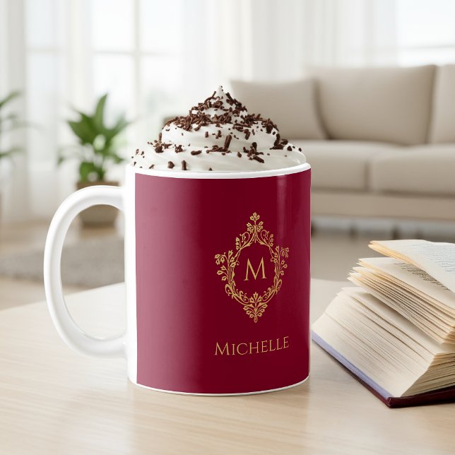 Monogram Burgundy Gold Vintage Ornate Crest Name  Coffee Mug (Creator Uploaded)